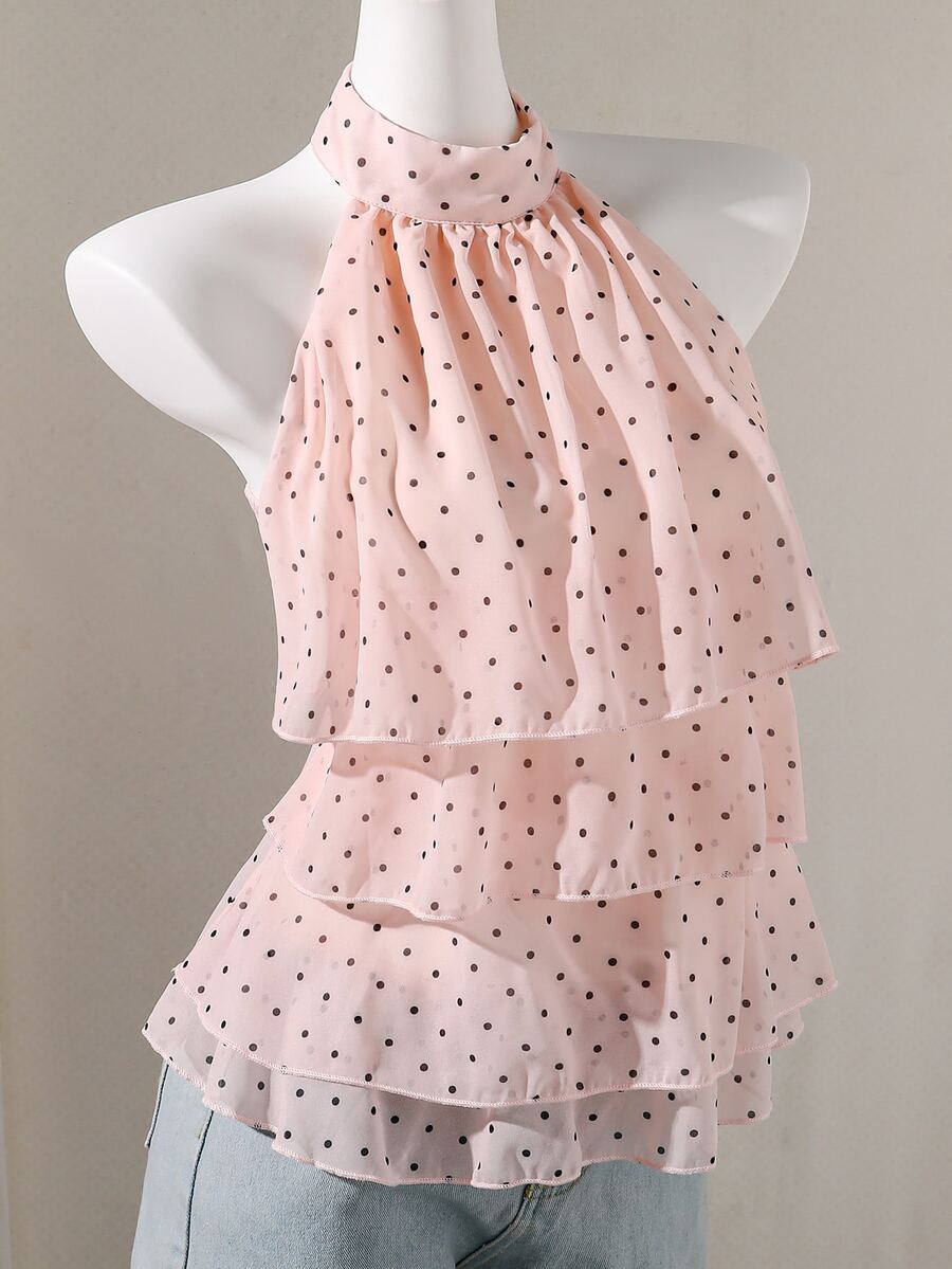 SHEIN Sparklyn 青少年女孩法式波點掛脖雪紡背心上衣,夏季新款優雅露背荷葉邊層次上衣 - 粉色 - 查看 1