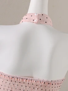 SHEIN Sparklyn 青少年女孩法式波點掛脖雪紡背心上衣，夏季新款優雅露背荷葉邊層次上衣 - 粉色 - 查看 6