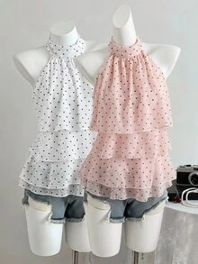 SHEIN Sparklyn 青少年女孩法式波點掛脖雪紡背心上衣，夏季新款優雅露背荷葉邊層次上衣 - 粉色 - 查看 3