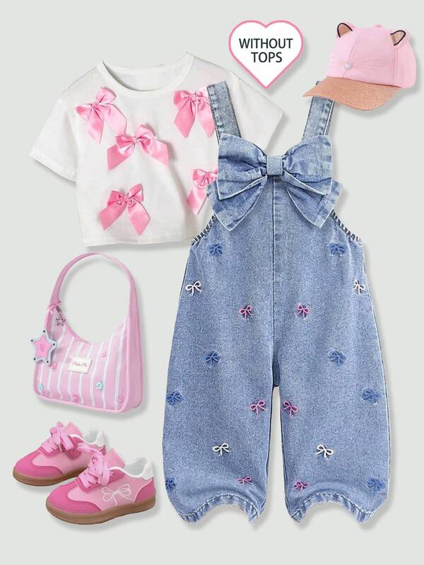 Bubblio Baby Girl Y2k Cute Colorful Bow Embroidery Blue Denim Big Bow Collar Loose Overall,Fall/Winter,For Baby Back To School Clothes,Christmas & Birthday