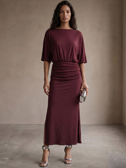 Rouah Women's Solid Color Boat Neck Short Sleeve Pleated Side Slit Elegant Dress - Autumn Dress, Fall Dress, Burgundy Dress, End Of Summer Dress, Occassion Dress, Office Dress, Everyday Dress