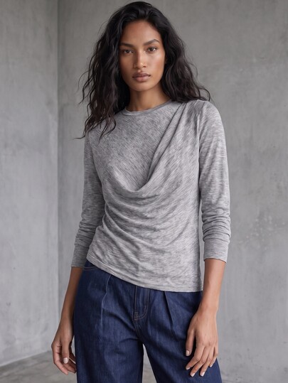 Rouah Top de jersey melange de manga larga para mujer - Top de manga larga de otoño, Top de otoño, Top de jersey casual, Top de jersey de manga larga fluido