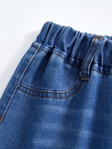SHEIN 少女休闲水洗弹力腰阔腿百搭牛仔裤 - 中等水洗藍 - 查看 5