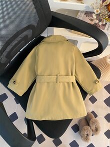 SHEIN Playful Pals 1件嬰兒男童/女童卡其色中長版長袖翻領風衣附腰帶 極簡街頭風 秋冬上班穿搭 時尚校園外套 - 卡其色 - 查看 2