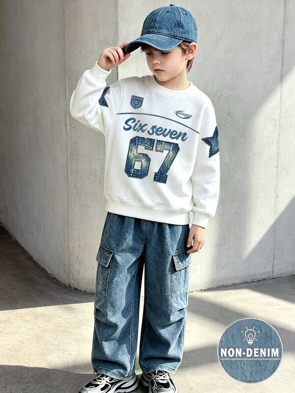 SHEIN Young Boy Blue White Color Block Number 67 Star Print Loose Cargo Sweaters Set Fall Winter American Streetwear Long Sleeve Tops And