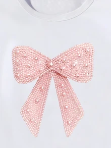 Tween Girls 2pcs/Set Casual - White Round Neck Short Sleeve T-Shirt With Faux Sequin And Rhinestone, Autumn Outfit,Bow Tie,Cargo Pants,Back To School  - White - View 4