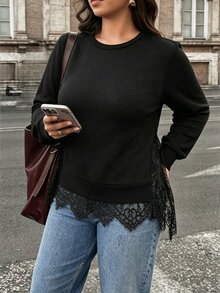 Easura Kaos Kasual Wanita Ukuran Besar untuk Musim Gugur/Dingin dengan Motif Renda dan Patchwork, Gaya Chic Musim Gugur. - Hitam - View 1