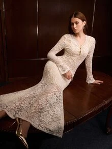 MOTF PREMIUM FASHIONABLE LACE WOMEN'S LONG DRESS - Apricot - View 5