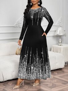 SHEIN Lady 女士亮面印花圆领长袖优雅连衣裙 - 銀色 - 查看 4