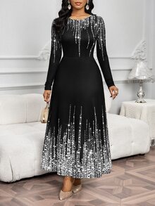 SHEIN Lady 女士亮面印花圆领长袖优雅连衣裙 - 銀色 - 查看 3