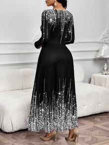 SHEIN Lady 女士亮面印花圆领长袖优雅连衣裙 - 銀色 - 查看 2