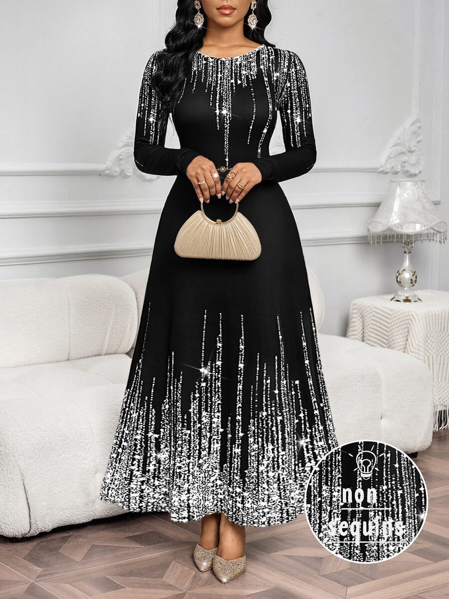 SHEIN Lady 女士亮面印花圆领长袖优雅连衣裙 - 銀色 - 查看 1