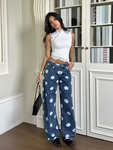 Rivivi Petite Y2K Women's Denim Curved Leg Pants - Medium Wash - View 4