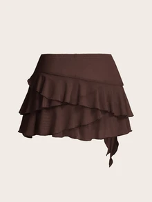 SHEIN ICON 女款多層荷葉邊低腰 Y2K 黑色迷你裙 - 棕色 - 查看 2