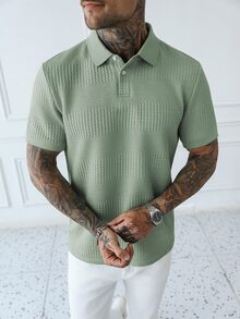 SERO LANO Men's Knit Jacquard Textured Solid Light Bean Green Polo Shirt With Solid Ribbed Collar And Cuffs, 2 White Buttons - Mint Green - View 5