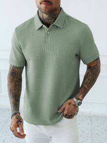SERO LANO Men's Knit Jacquard Textured Solid Light Bean Green Polo Shirt With Solid Ribbed Collar And Cuffs, 2 White Buttons - Mint Green - View 4