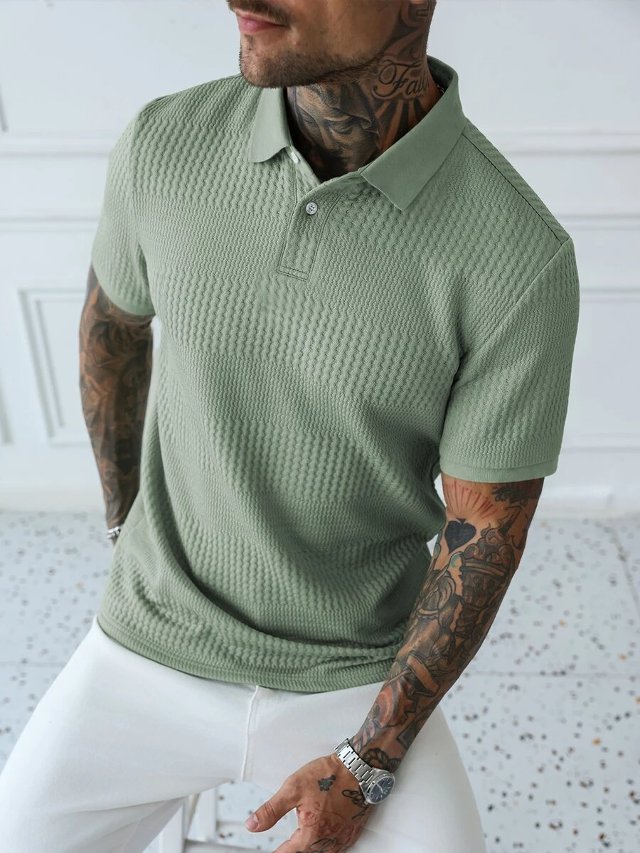 SERO LANO Men's Knit Jacquard Textured Solid Light Bean Green Polo Shirt With Solid Ribbed Collar And Cuffs, 2 White Buttons - Mint Green - View 1