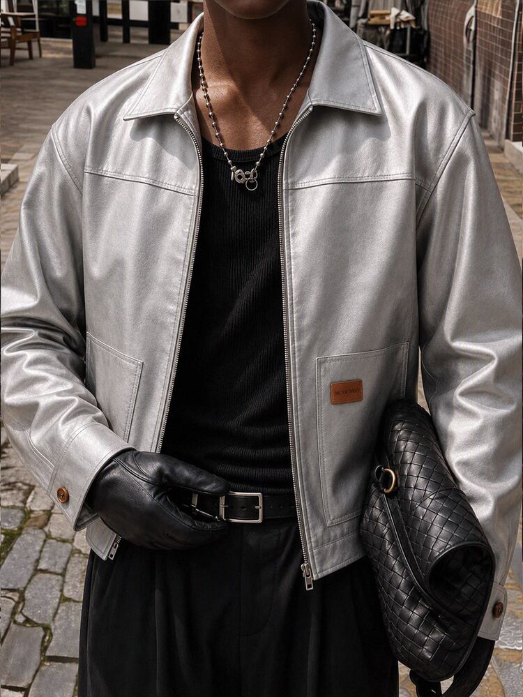 HIMLAND Men's Casual Woven PU Leather Lapel Jacket Suitable For Daily Wear - Silver - View 1