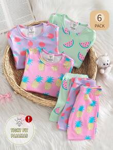 3 Sets Girls' Colorful Fruit & Vegetable Print Short Sleeve Snug Fit Pajama Set, Summer - Multicolor - View 3