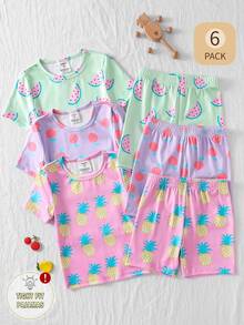 3 Sets Girls' Colorful Fruit & Vegetable Print Short Sleeve Snug Fit Pajama Set, Summer - Multicolor - View 1