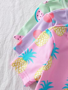 3 Sets Girls' Colorful Fruit & Vegetable Print Short Sleeve Snug Fit Pajama Set, Summer - Multicolor - View 5