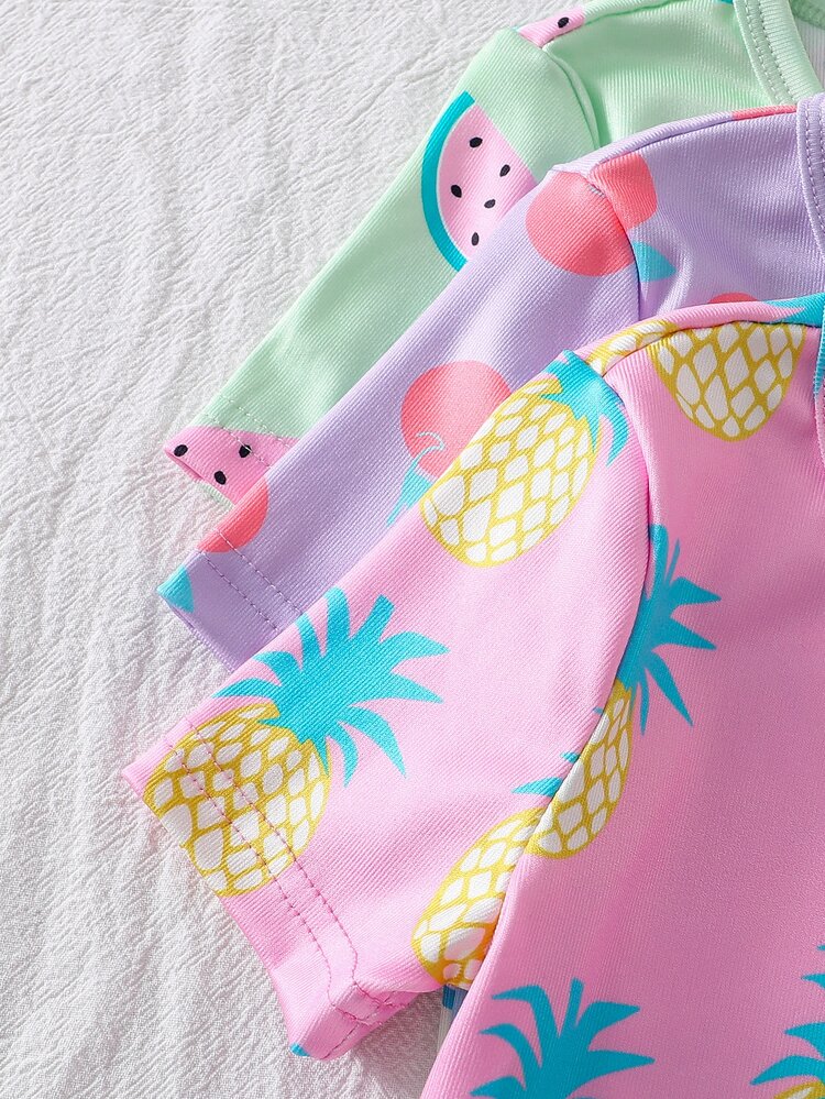 3 Sets Girls' Colorful Fruit & Vegetable Print Short Sleeve Snug Fit Pajama Set, Summer - Multicolor - View 5