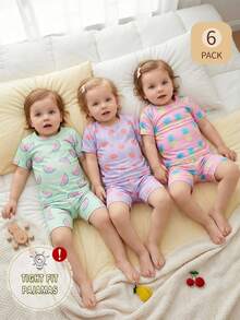 3 Sets Girls' Colorful Fruit & Vegetable Print Short Sleeve Snug Fit Pajama Set, Summer - Multicolor - View 7