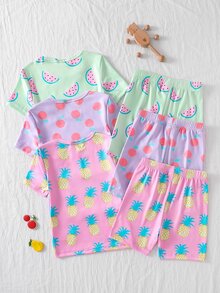 3 Sets Girls' Colorful Fruit & Vegetable Print Short Sleeve Snug Fit Pajama Set, Summer - Multicolor - View 2