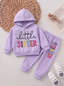 SHEIN Playful Pals 2件組女嬰時尚極簡可愛 Daddy's Girl 薰衣草字母印花連帽抓絨衛衣長褲套裝，適合秋季外出 - 紫色 - 查看 3