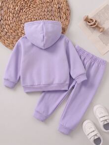 SHEIN Playful Pals 2件組女嬰時尚極簡可愛 Daddy's Girl 薰衣草字母印花連帽抓絨衛衣長褲套裝，適合秋季外出 - 紫色 - 查看 2