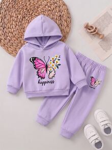 SHEIN Playful Pals 女嬰蝴蝶雛菊花卉印花長袖連帽衛衣與慢跑褲套裝 秋冬紫色運動服 2件套 - 紫色 - 查看 3