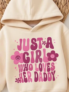 SHEIN Vintaside Kids 2件組女嬰套裝，花卉字母印花連帽衛衣、保暖內裡運動長褲，Just A Girl Who Loves Her Daddy，米色，秋季，可愛，度假 - 杏色 - 查看 4