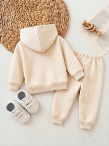 SHEIN Vintaside Kids 2件組女嬰套裝，花卉字母印花連帽衛衣、保暖內裡運動長褲，Just A Girl Who Loves Her Daddy，米色，秋季，可愛，度假 - 杏色 - 查看 2