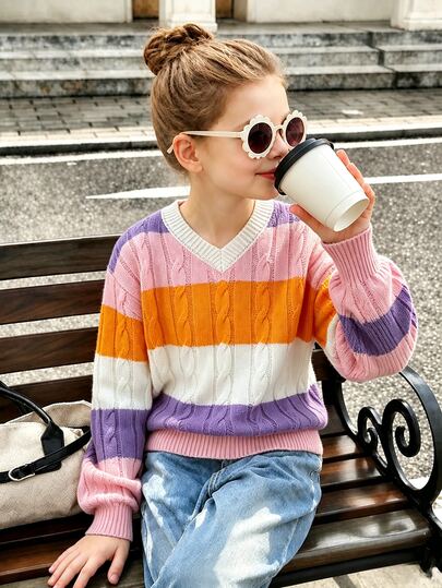 SHEIN Tween Girls' V-Neck Cable Knit Long Sleeve Sweater, 4 Colors, Suitable For Autumn And Winter, Layering With Coats And Padded Jackets, Preppy Vacation Style, Macaron Color Palette, Knitwear