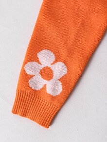 SHEIN 青少年女孩花卉印花圓領長袖休閒針織衫 秋季 - 橘色 - 查看 6