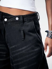 Denimoi Women's Fashion Versatile Street Button Pocket Loose Fit Denim Jeans Going Out Night Out Club Dark Wash Summer - Black - View 3