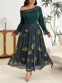 Modelyn Elegant Rose Mesh Print Patchwork Solid Color Collar Lace Off-Shoulder Long Sleeve Cinched Waist A-Line Regular Fit Plus Size Dress For Spring And Autumn - Dark Green - View 4