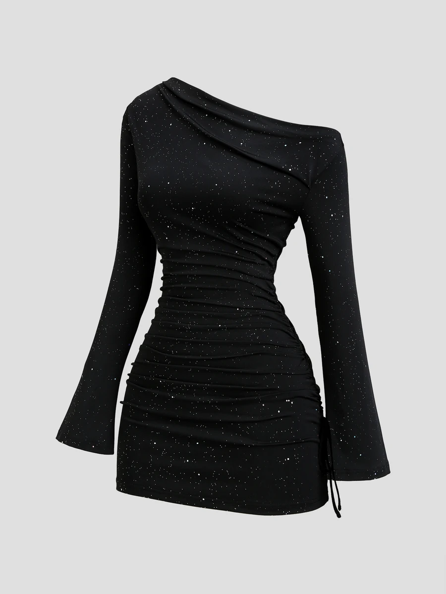 Sweetra Women's Asymmetric Ruffle Shoulder Wrap Dress, Sequin Fabric, Long Sleeve, Black; Suitable For Party, Casual, Commute, Travel, Date, Mini Dress - Black - View 1
