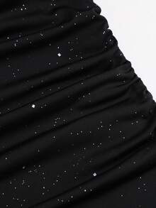Sweetra Women's Asymmetric Ruffle Shoulder Wrap Dress, Sequin Fabric, Long Sleeve, Black; Suitable For Party, Casual, Commute, Travel, Date, Mini Dress - Black - View 6