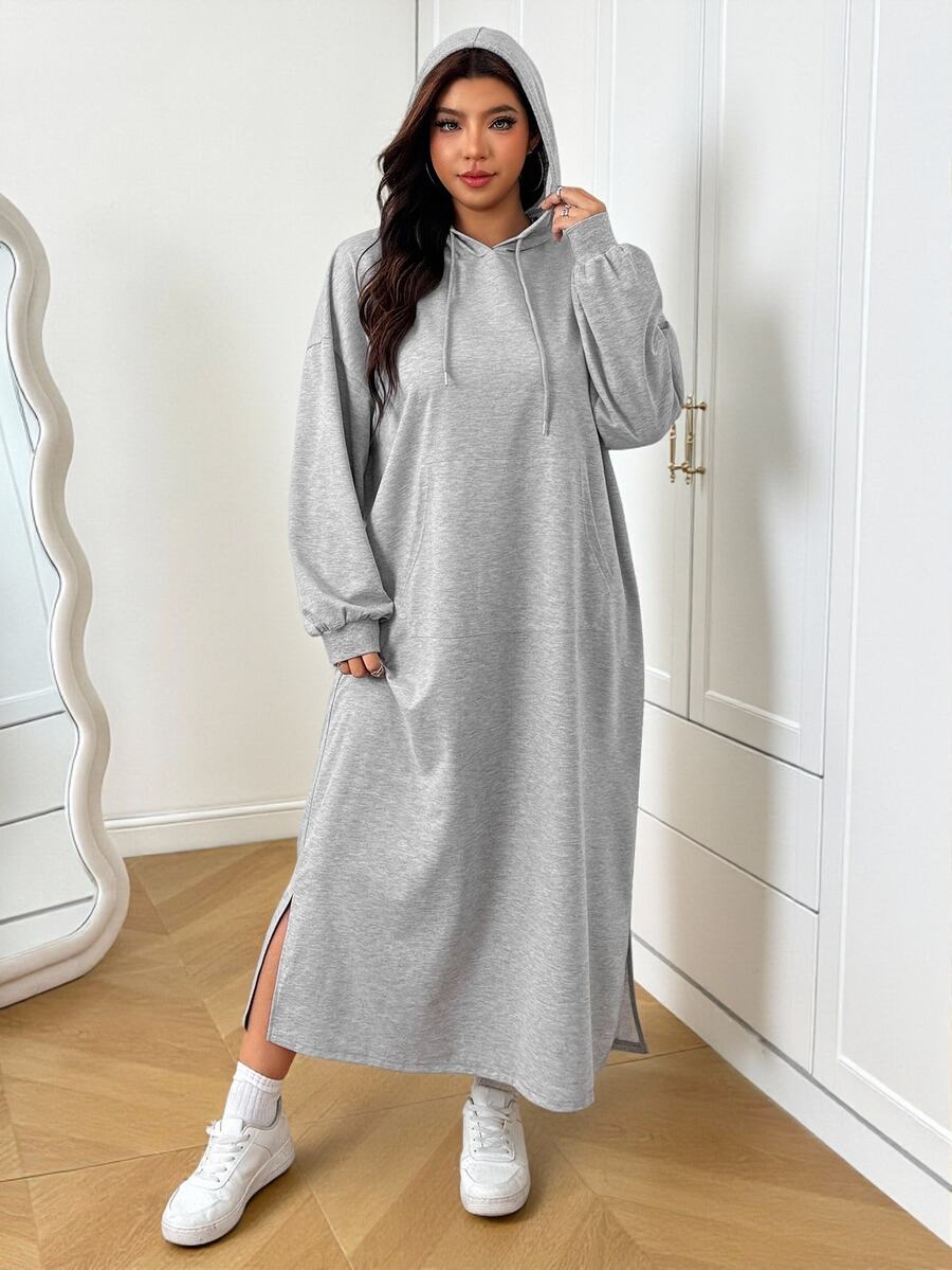 SHEIN EZwear فستان سويت شيرت كاجوال للنساء مقاس كبير بلون موحد وأكمام طويلة مع غطاء رأس برباط للخريف