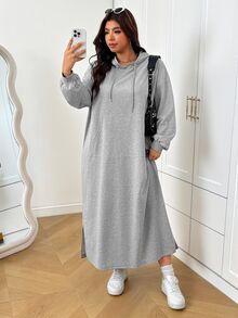 SHEIN EZwear فستان سويت شيرت كاجوال للنساء مقاس كبير بلون موحد وأكمام طويلة مع غطاء رأس برباط للخريف - رمادي - مشاهدة 5