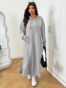 SHEIN EZwear فستان سويت شيرت كاجوال للنساء مقاس كبير بلون موحد وأكمام طويلة مع غطاء رأس برباط للخريف - رمادي - مشاهدة 8