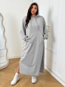 SHEIN EZwear فستان سويت شيرت كاجوال للنساء مقاس كبير بلون موحد وأكمام طويلة مع غطاء رأس برباط للخريف - رمادي - مشاهدة 7