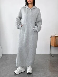 SHEIN EZwear فستان سويت شيرت كاجوال للنساء مقاس كبير بلون موحد وأكمام طويلة مع غطاء رأس برباط للخريف - رمادي - مشاهدة 9