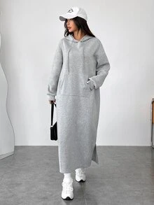 SHEIN EZwear فستان سويت شيرت كاجوال للنساء مقاس كبير بلون موحد وأكمام طويلة مع غطاء رأس برباط للخريف - رمادي - مشاهدة 4