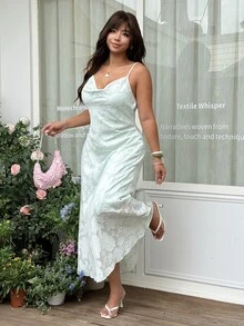 GalTyme Plus Size Summer Elegant Solid Color Cut-Out Cami Dress - Green - View 5