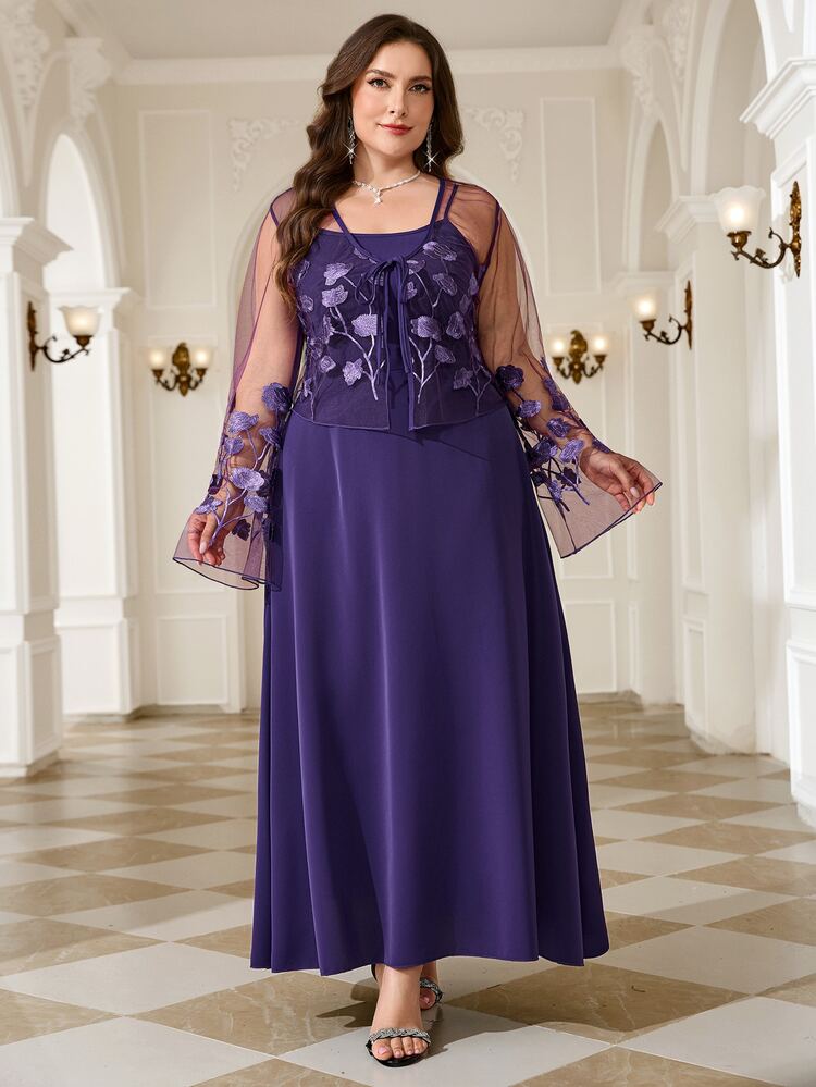 Reflora Plus Size Celestial Spaghetti Strap Dress Embroidered Long Sleeve Top 2 Pieces Set Autumn Wedding Dinner Party Purple Dark Purple Elegant - Purple - View 7