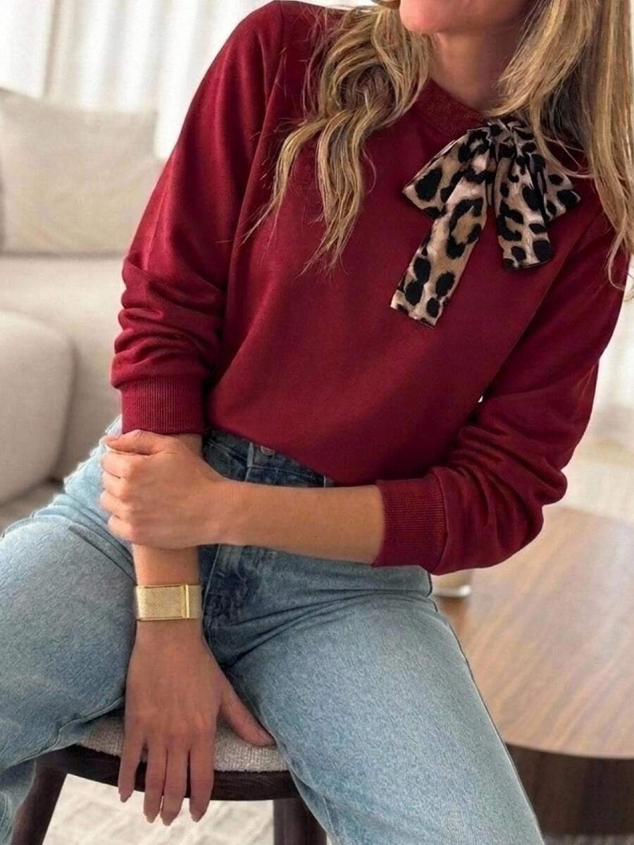 Easowa Women's Casual Elegant Tie-Neck Long Sleeve Sweatshirt - Suitable For Autumn, Business Casual Daily Wear Brunch Office Brunch Dark Red And - Burgundy - View 1