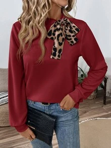 Easowa Women's Casual Elegant Tie-Neck Long Sleeve Sweatshirt - Suitable For Autumn, Business Casual Daily Wear Brunch Office Brunch Dark Red And - Burgundy - View 5