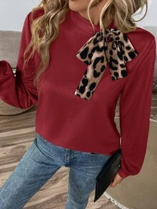 Easowa Women's Casual Elegant Tie-Neck Long Sleeve Sweatshirt - Suitable For Autumn, Business Casual Daily Wear Brunch Office Brunch Dark Red And - Burgundy - View 3